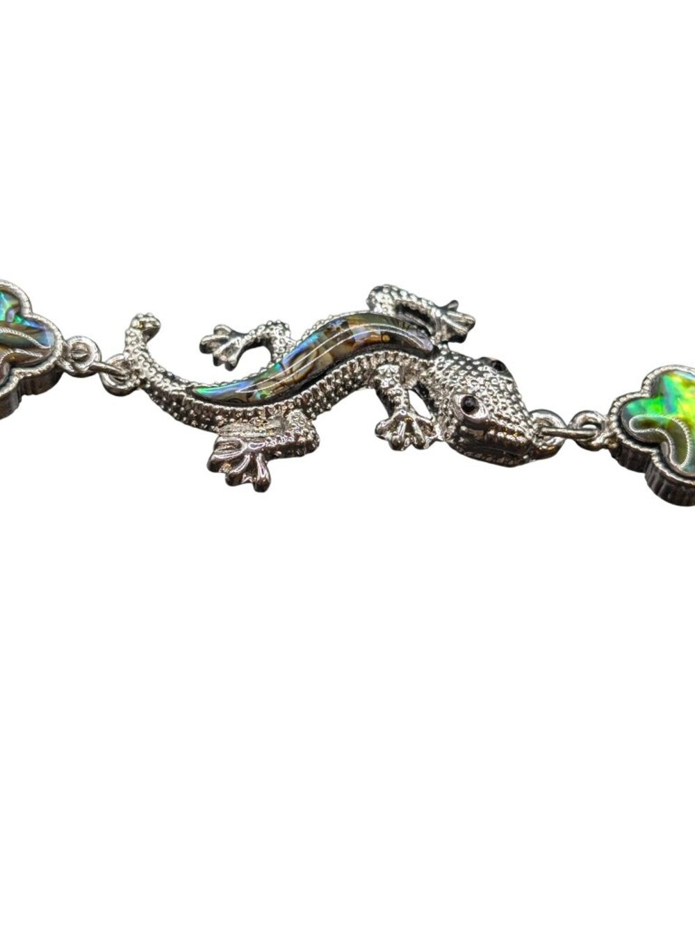 Silver-tone Chain Link Bracelet with Abalone Shell Figural Gecko/Lizard
